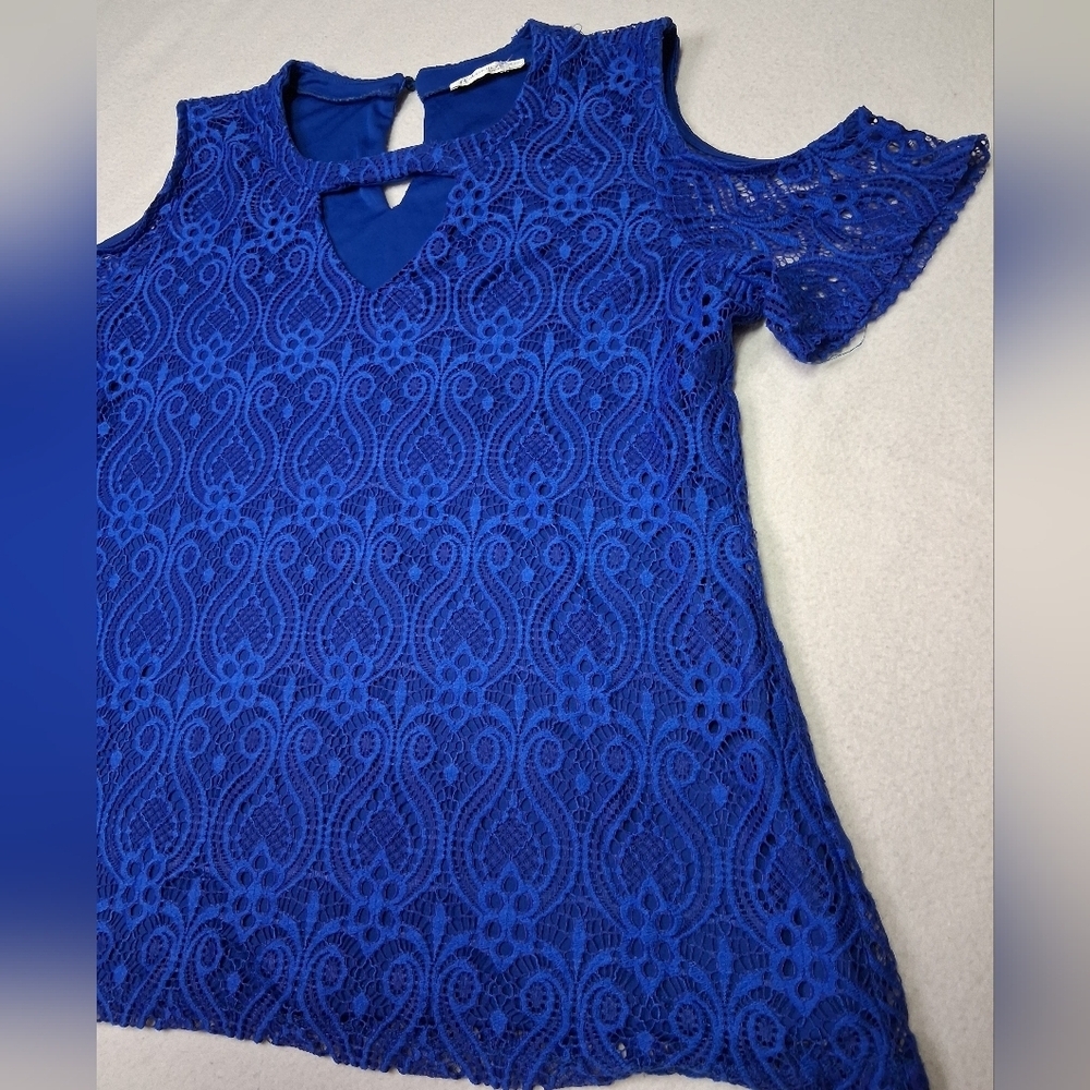 Revolution Royal Blue Lace Cold Shoulder Blouse - Picture 2 of 4